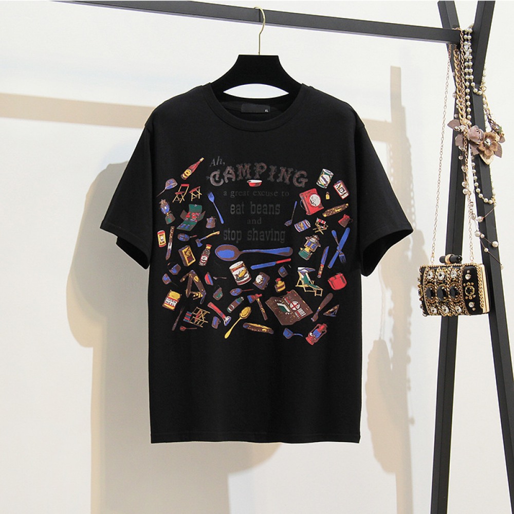 Plus Size Women's Summer Clothes Fat Print Short-Sleeved T-Shirt Female
